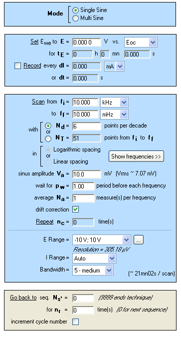 PEIS “Parameters Settings” window.