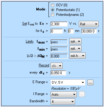 Potentiostatic settings window.