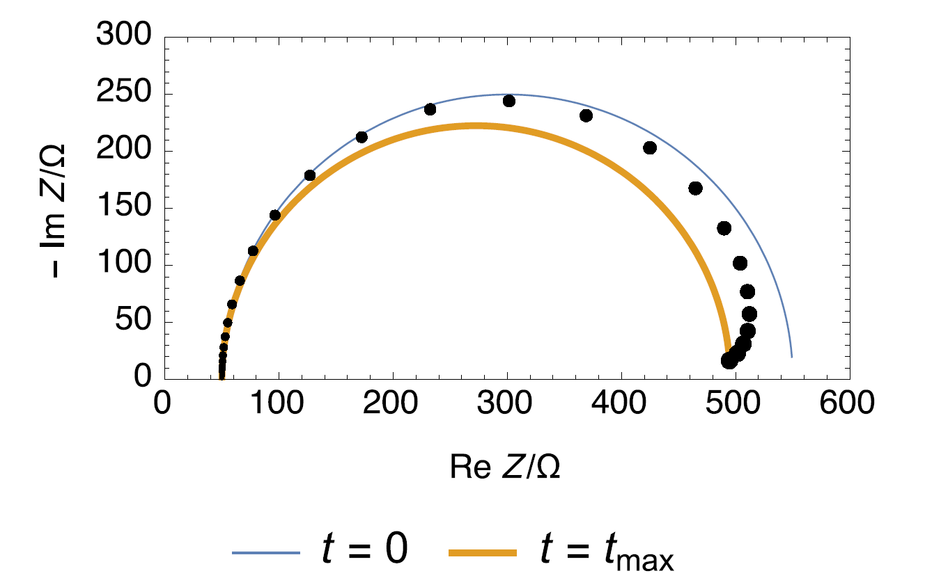 R1+R2(t)/C2 and simulation of the measured diagram (•).