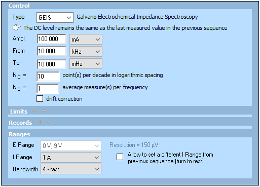 Conditions used in the ModuloBat technique to obtain the impedance graphs shown in Fig. 1. DC current level is 0 A.