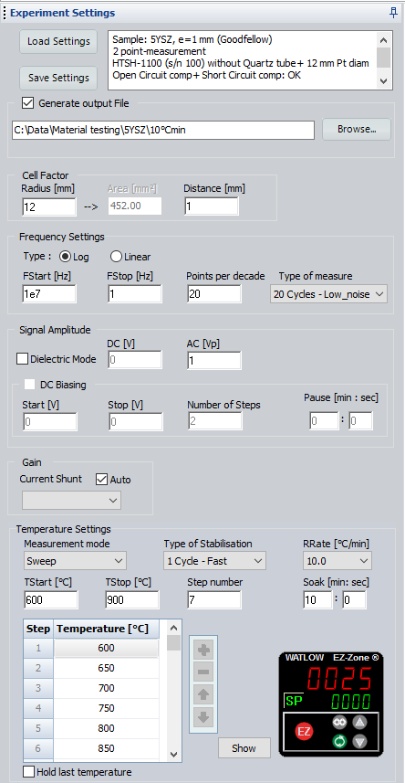 Screenshot of the experimental parameters set in MT-Lab® software.