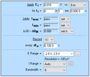 Parameters used to perform the PITT (PSCA) experiment on the supercapacitor and the dummy cell AC BCS.