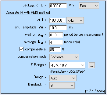 a) ZIR parameters and b) CA parameters used to obtain the PITT curves with compensated ohmic resistance