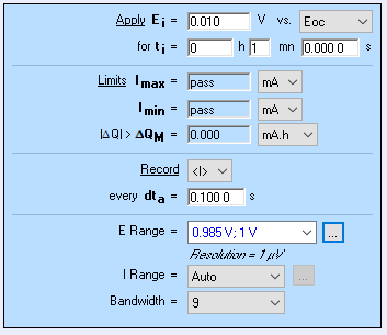 a) ZIR parameters and b) CA parameters used to obtain the PITT curves with compensated ohmic resistance